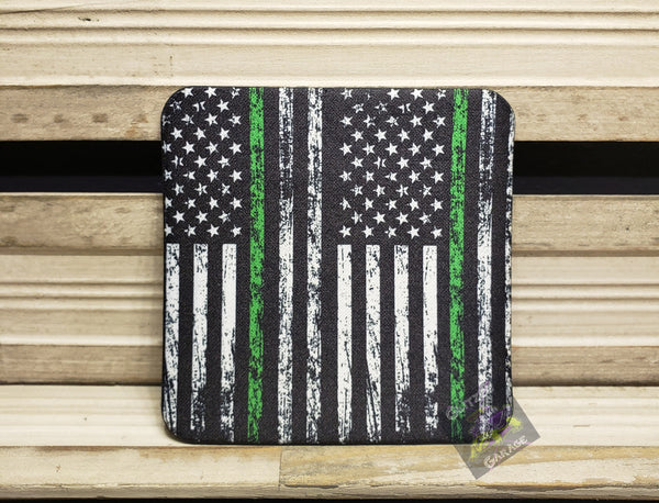 Table Coaster - Neoprene Square - American Flag - Green Line