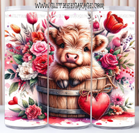 20oz SS Tumbler - Highland Cow In Bucket With Flowers