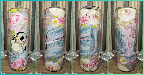 20oz SS Tumbler - Pink/Blue Marble Swirl & Flowers