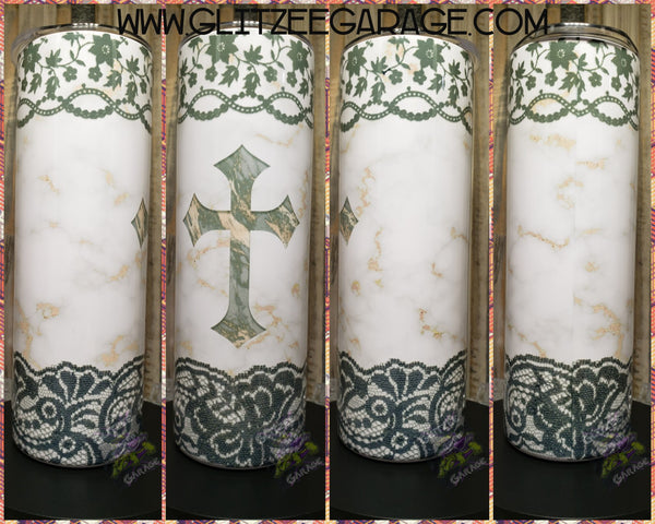 20oz SS Tumbler - Rose Gold Marble W/ Cross & Lace