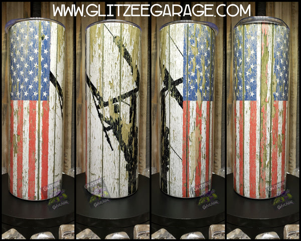 20oz SS Tumbler - Lineman American Flag / White Wood