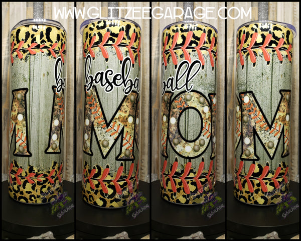 20oz SS Tumbler - Baseball Mom - Gray Wood * Cheetah/Leopard