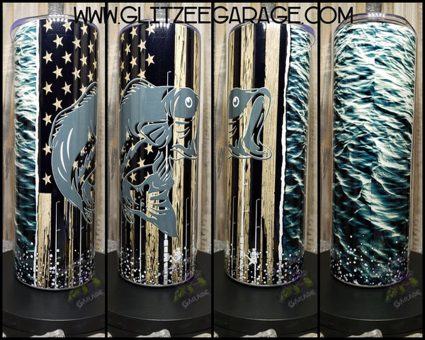 20oz SS Tumbler - American Wood Flag * Fishing * Water