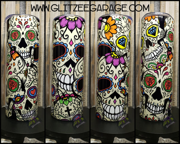 20oz SS Tumbler - Decorative Skulls * Diamonds * Flowers