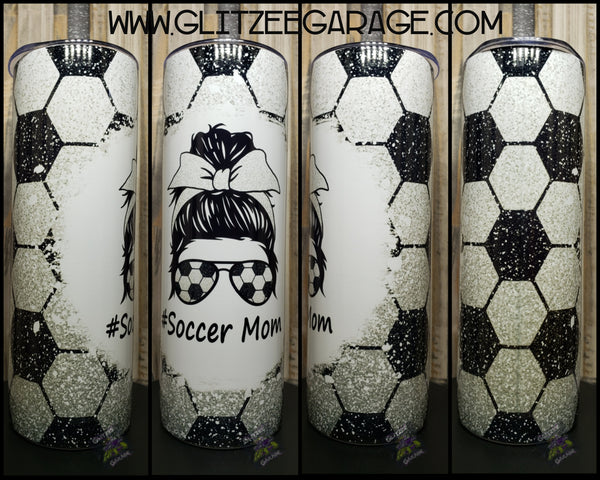 20oz SS Tumbler - #SoccerMom * Black/White Glitter