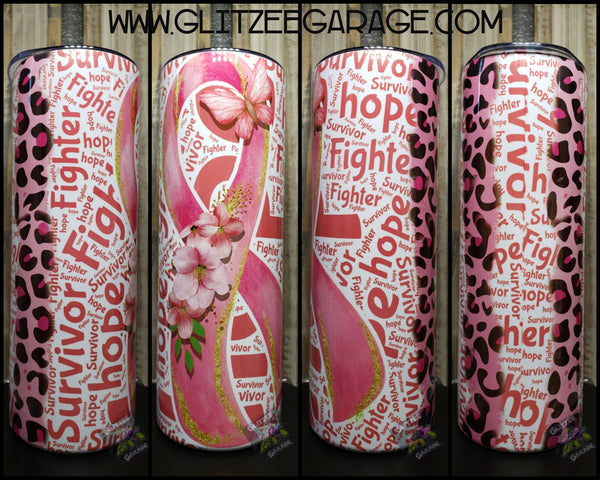 20oz SS Tumbler - Pink Ribbon * Flowers * Word Collage