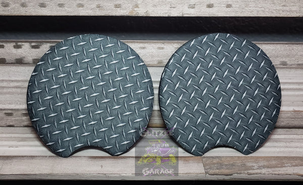 Car Coaster - Neoprene Circle - Dark Gray Diamond Plate