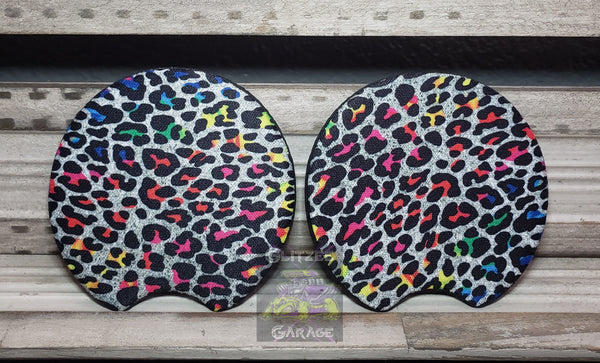 Car Coaster - Neoprene Circle - Silver Neon Cheetah/Leopard