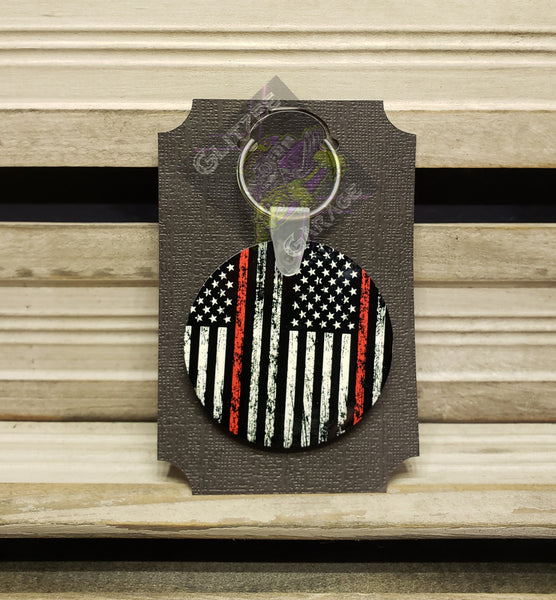 Keychain - Circle - American Flag - Red Line