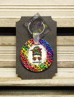 Keychain - Circle - Mom Life * Messy Bun * Neon Cheetah/Leopard