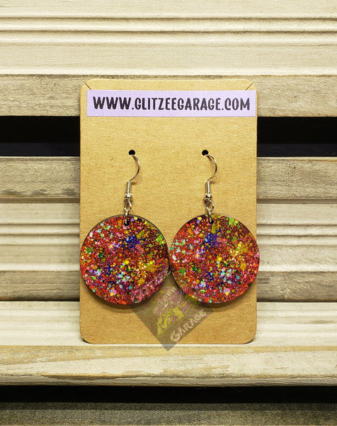 Earrings - Circle - Red Neon Splatter