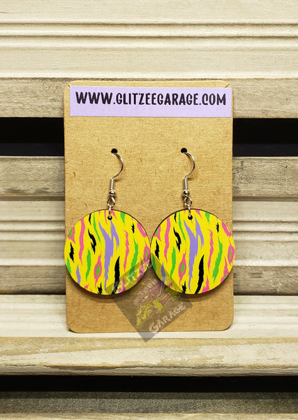 Earrings - Circle - Yellow/Neon Zebra