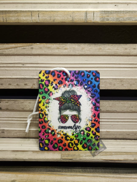 Air Freshener - Vertical Rectangle - Mom Life * Messy Bun * Neon Cheetah/Leopard
